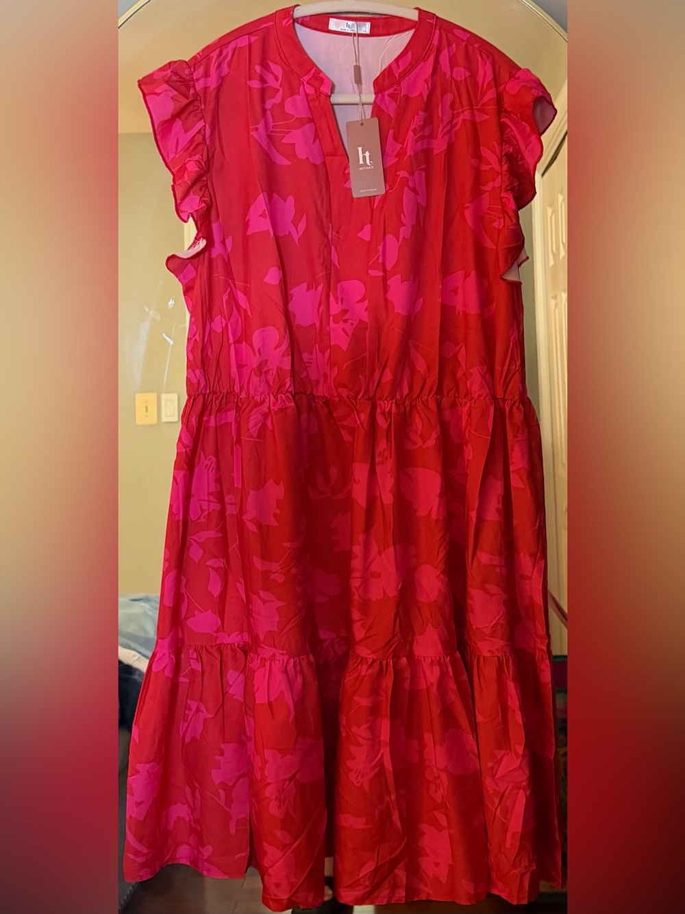 Hot Pink & Red Ruffled Sleeve Floral Midi Dress